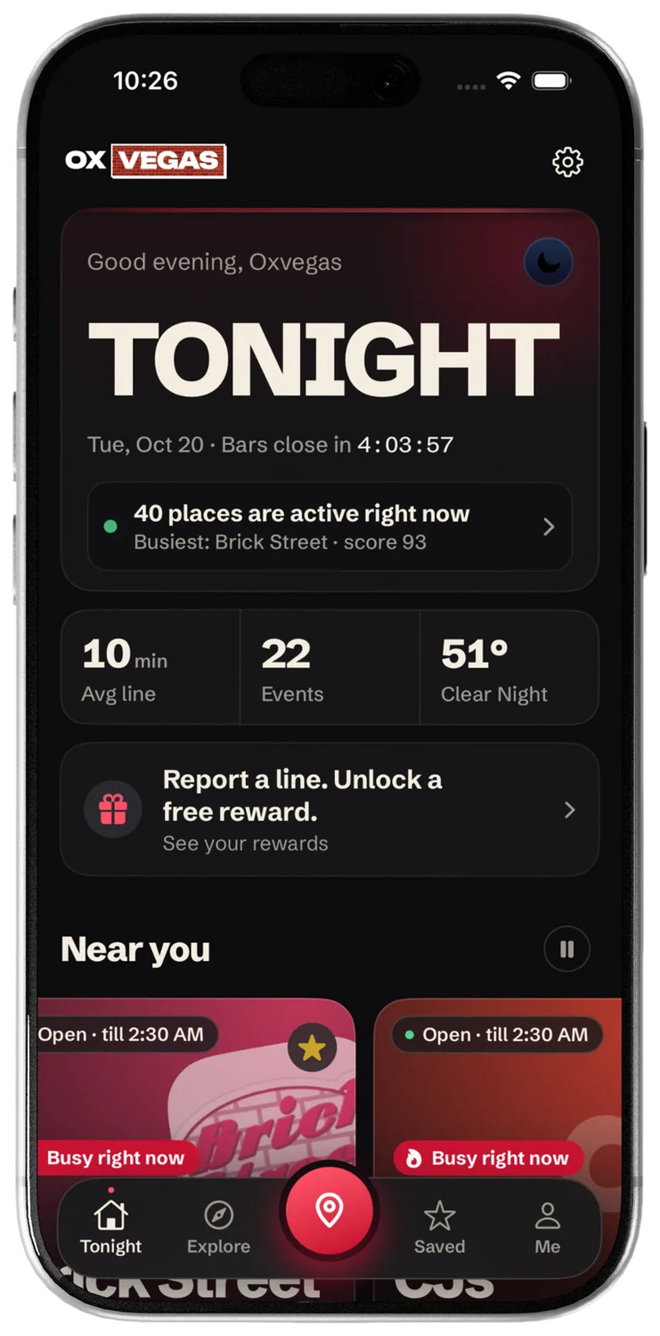 The Tonight screen: countdown to close, 40 places active, average line, events and weather.