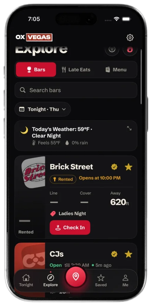 Explore tab showing Brick Street as rented, opening at 10 PM, above open bars.