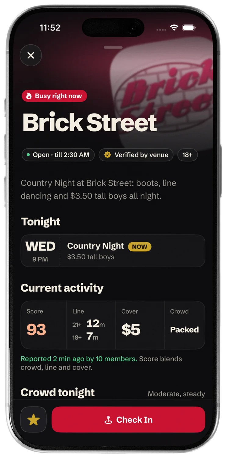Brick Street venue detail: busy right now, crowd score 93, 21+ and 18+ line times, $5 cover.